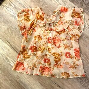 Farm Rio Sheer Cream and Pink Floral Ruffle Blouse